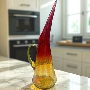 Vintage MCM Amberina Crackle Glass 14.25" Ewer Vase - See the Glow